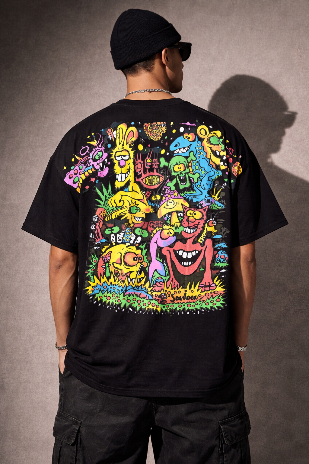 Abstract Cartoon Graphic Oversized Tee — Black — view 2