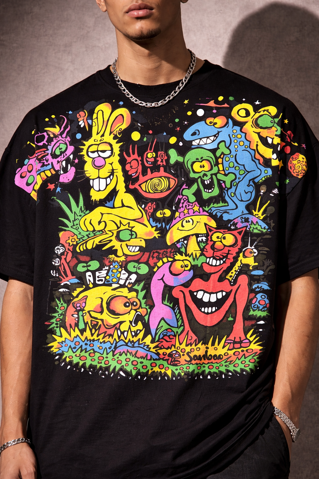 Abstract Cartoon Graphic Oversized Tee — Black — view 3