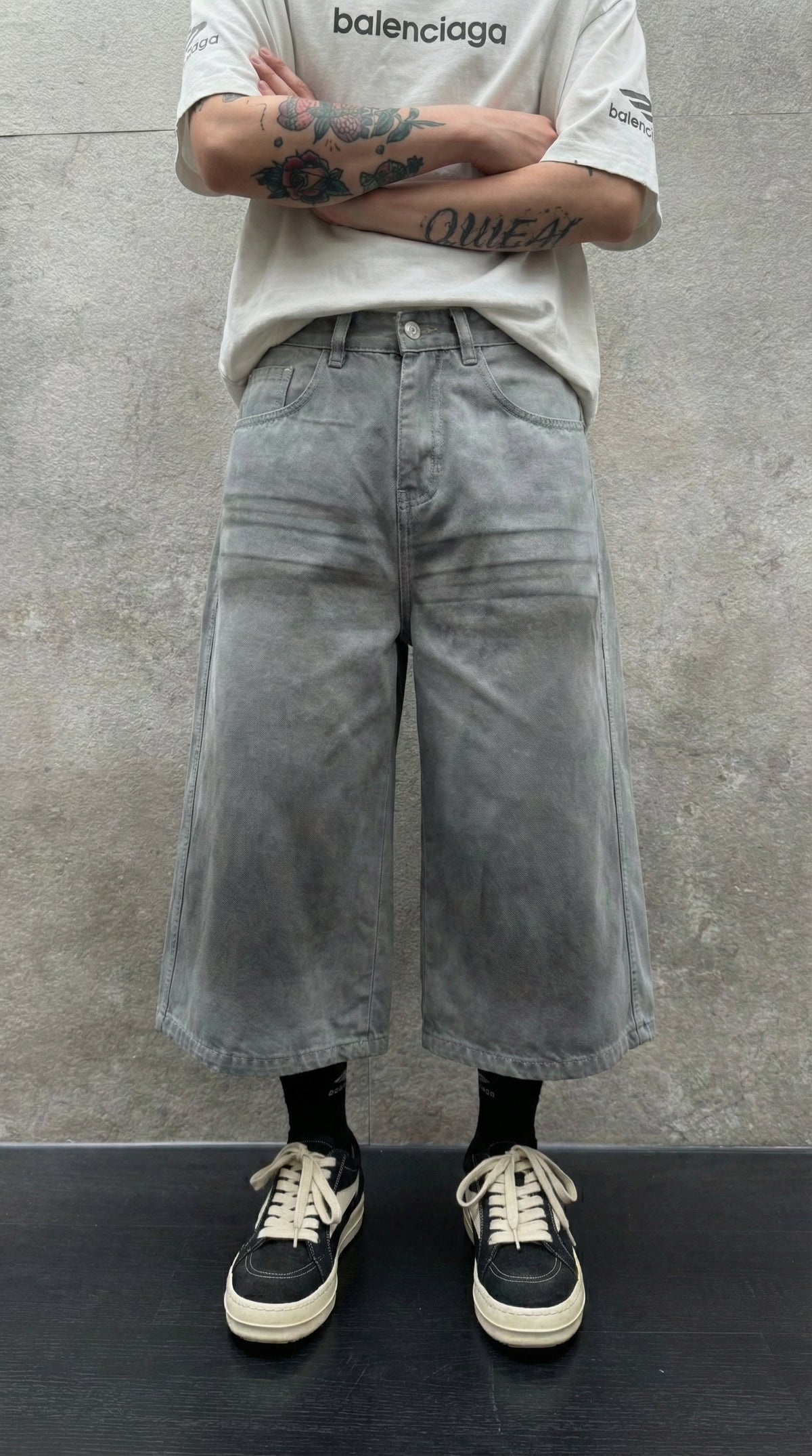 Grey Character Denim Shorts — Embroidered Street Fit — view 3