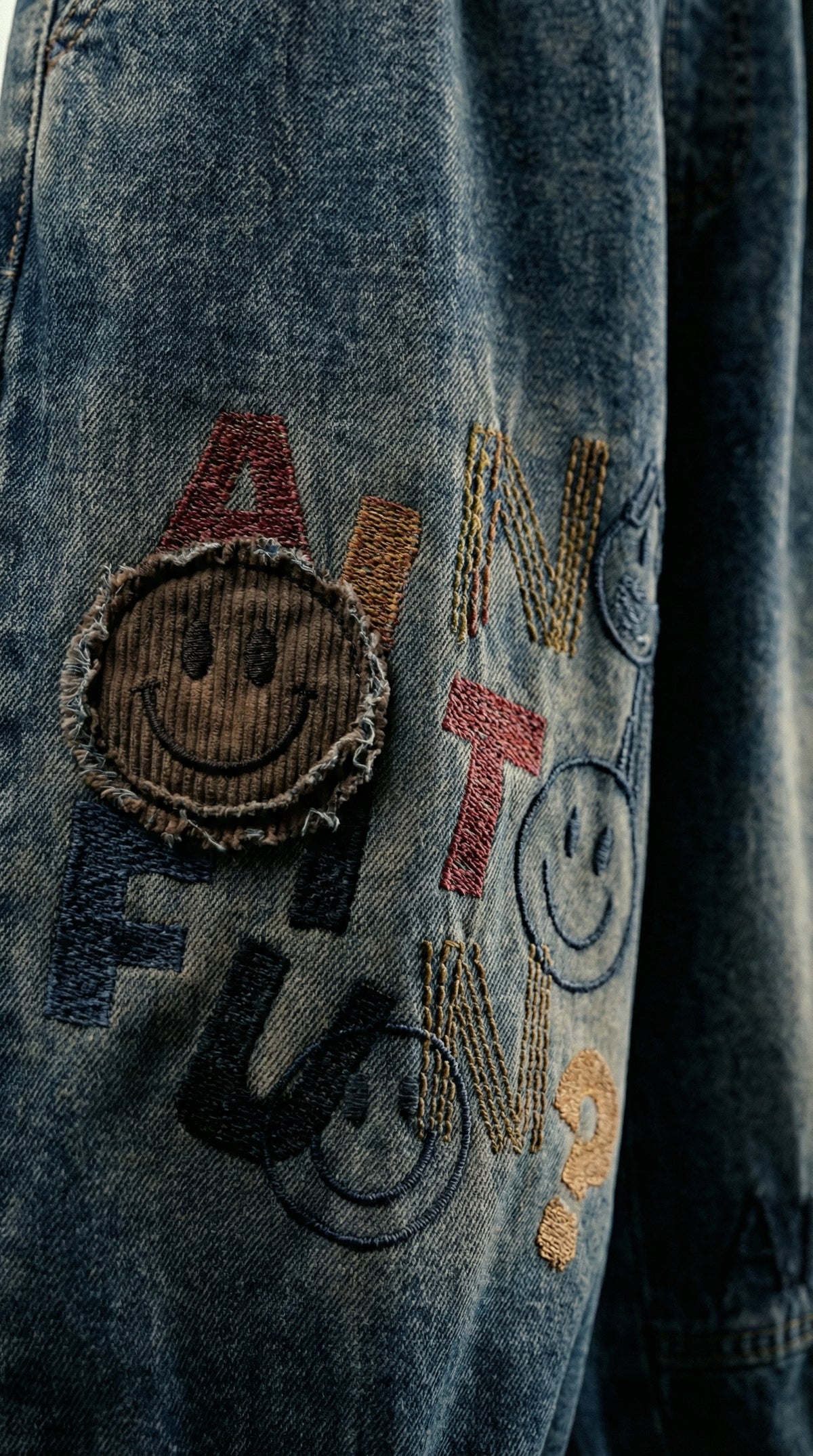 Patchwork Cartoon Smiley Shorts — Grey Denim Panel — view 3