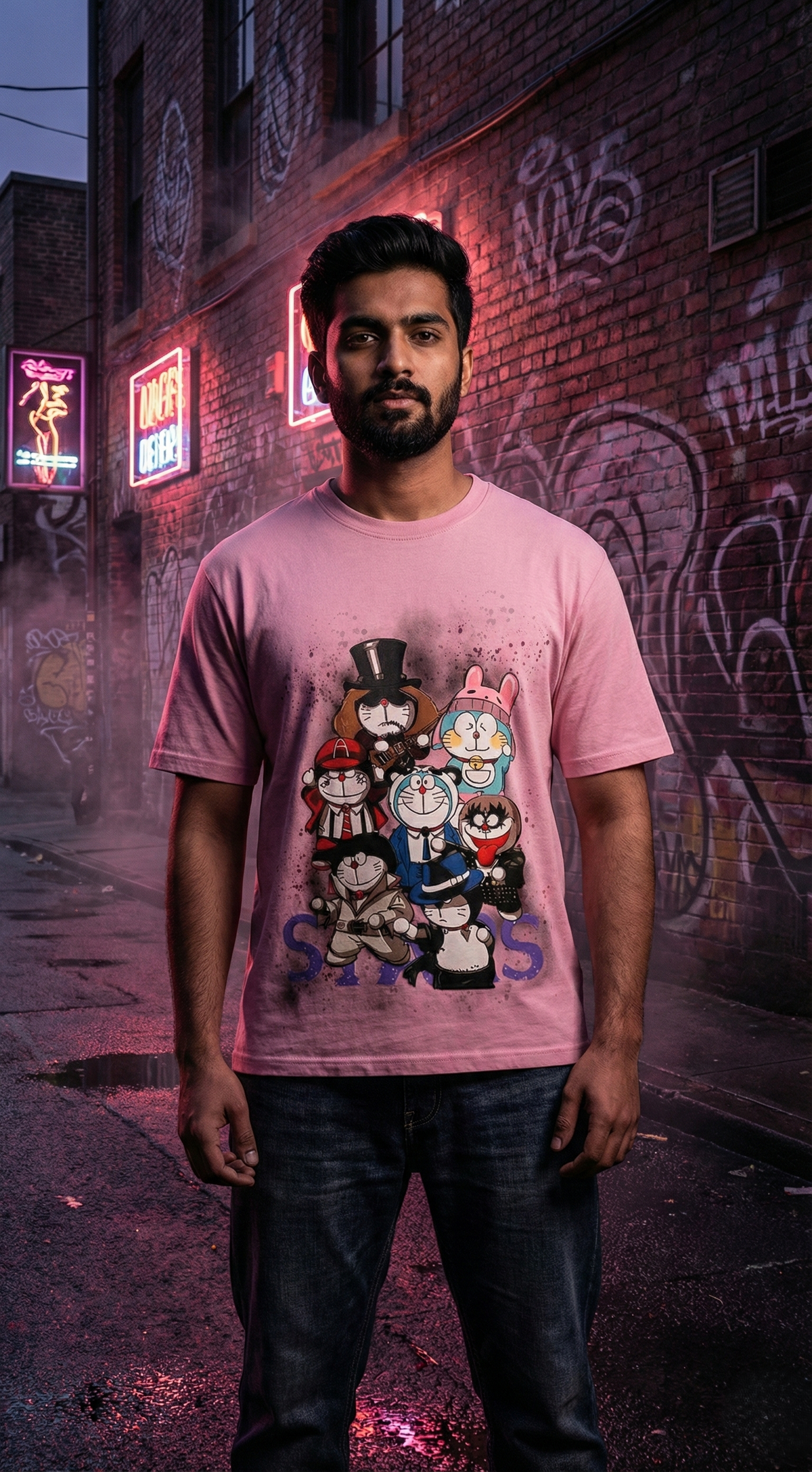 Pink Retro Character Graphic Tee — Oversized Fit — view 3