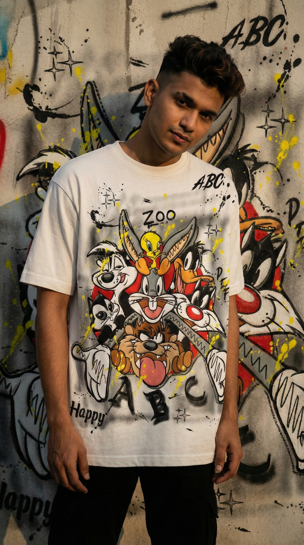 Cartoon Zoo Graphic Oversized Tee — White Premium Cotton — view 3