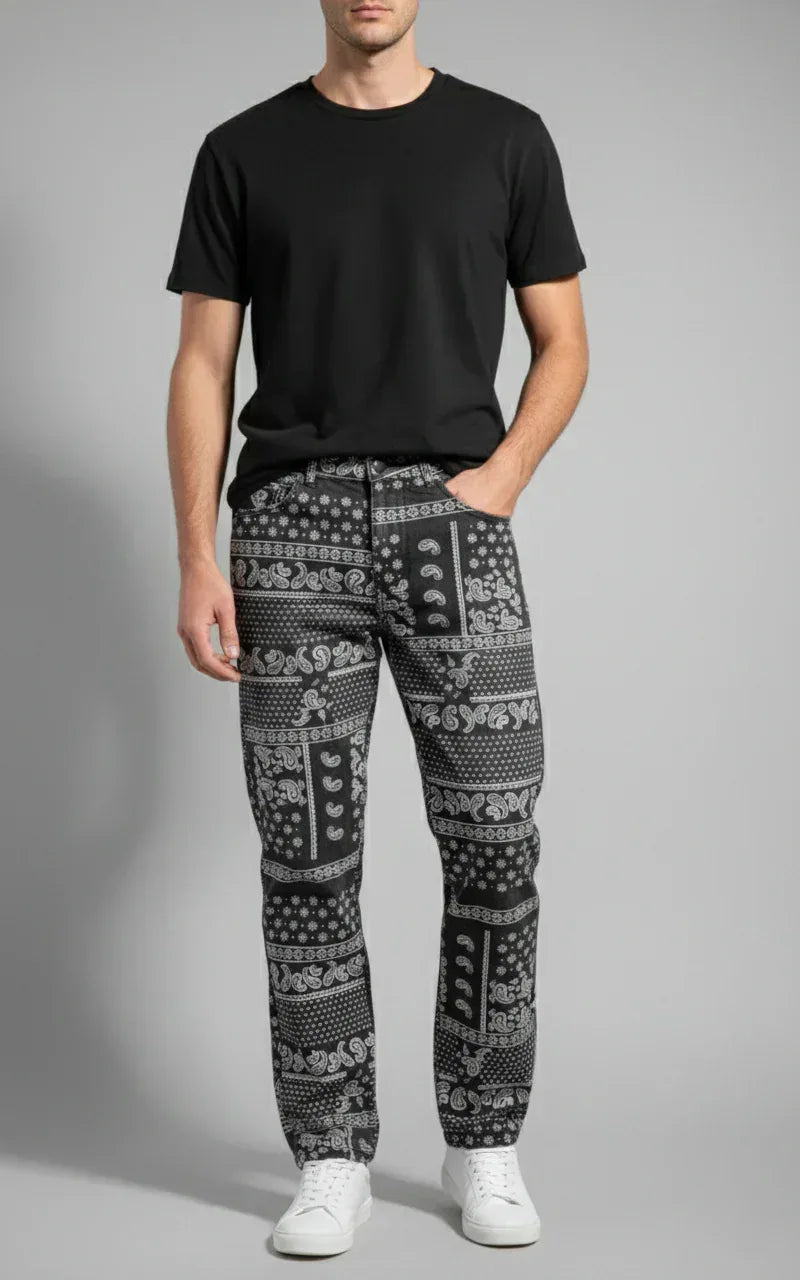 SANKI Paisley Patchwork Black Baggy Bottom Jeans - Sanki