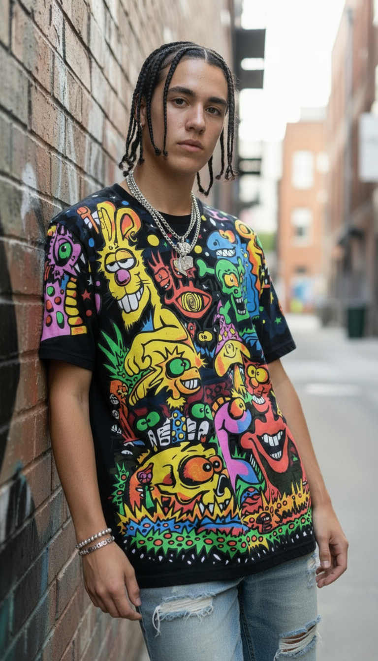Abstract Cartoon Graphic Oversized Tee — Black — view 4