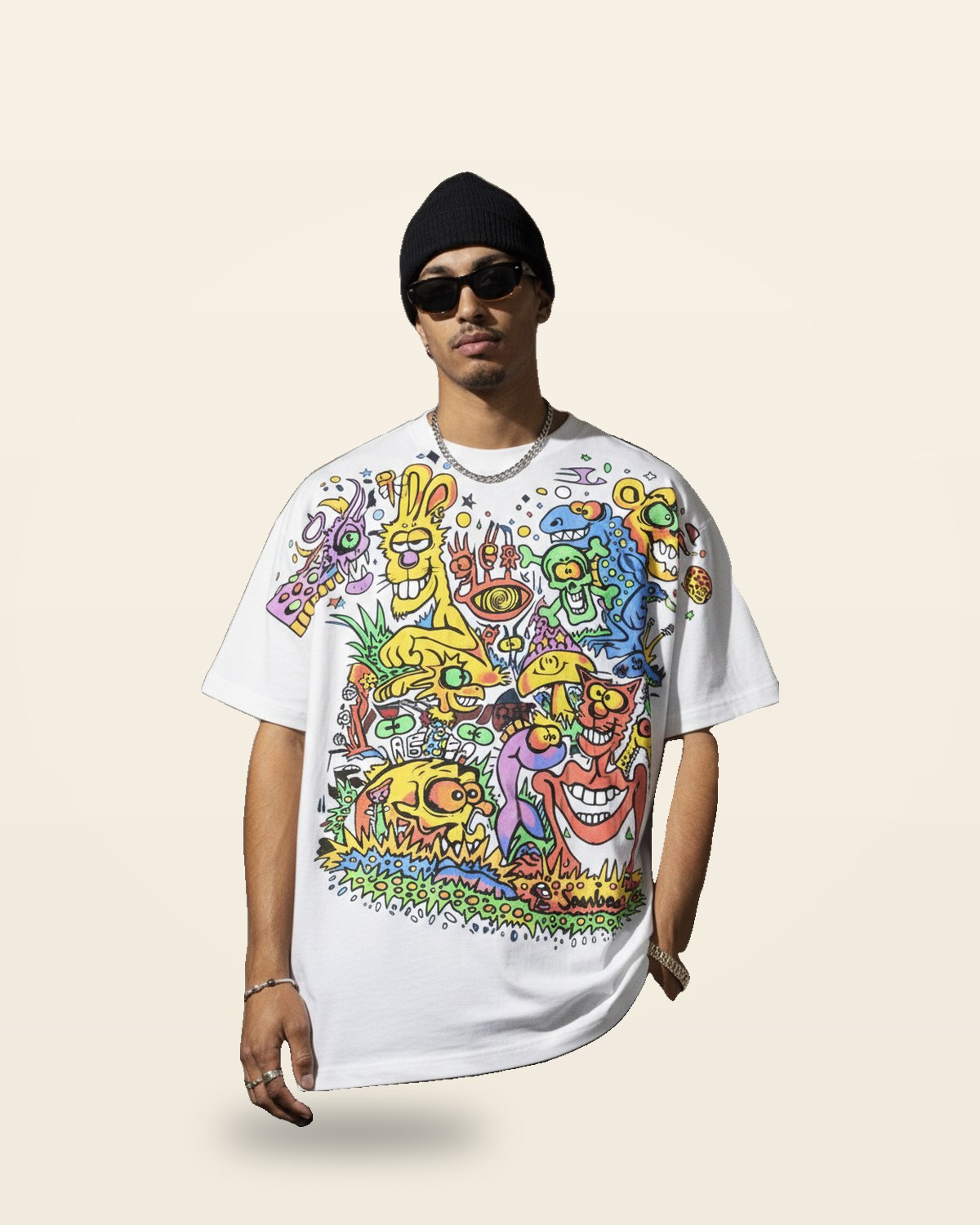 Neon Cartoon Graphic Oversized Tee — White Premium Cotton