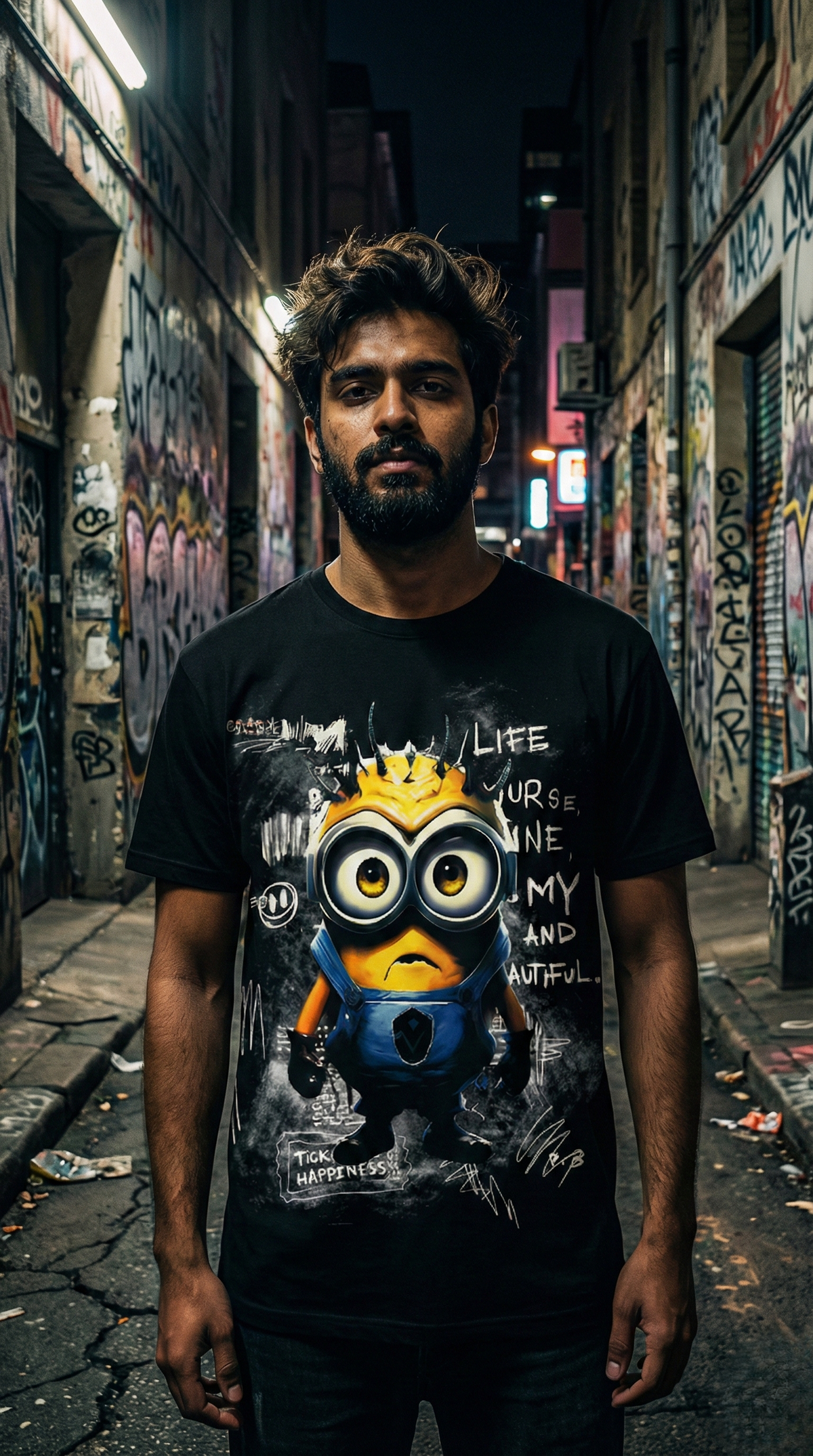 Funky Cartoon Graphic Tee — Black Oversized Fit — view 2