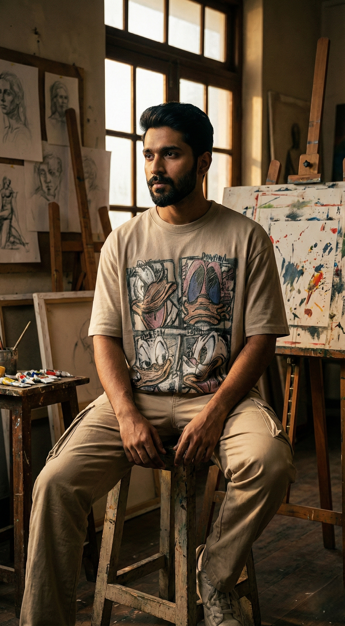 Abstract Cartoon Oversized Tee — Beige Premium Streetwear Fit — view 2