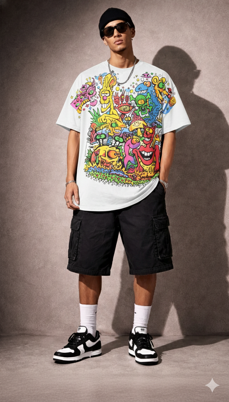 Neon Cartoon Graphic Oversized Tee — White Premium Cotton — view 2