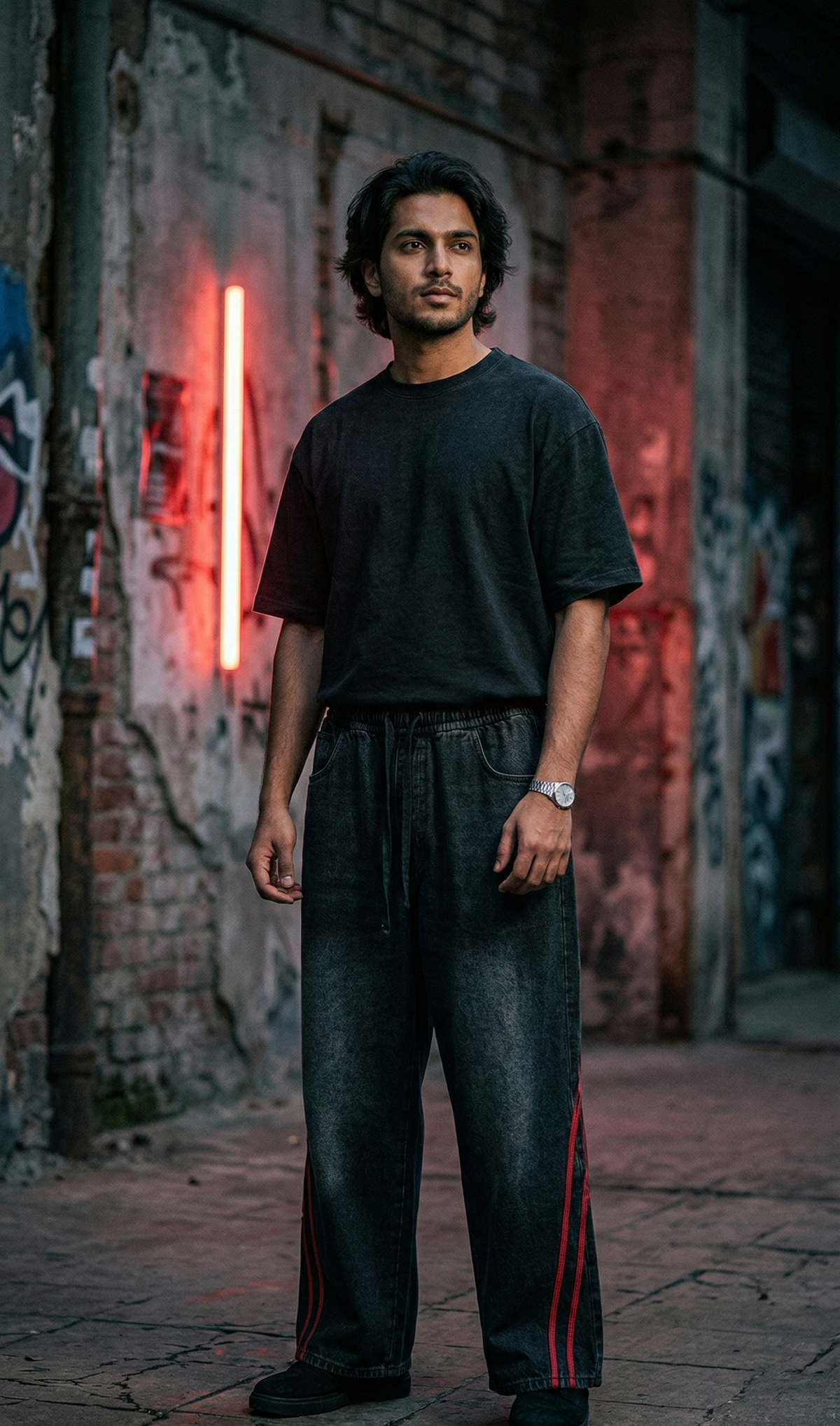 Red Stripe Black Baggy Jeans — Wide Fit Denim — view 3