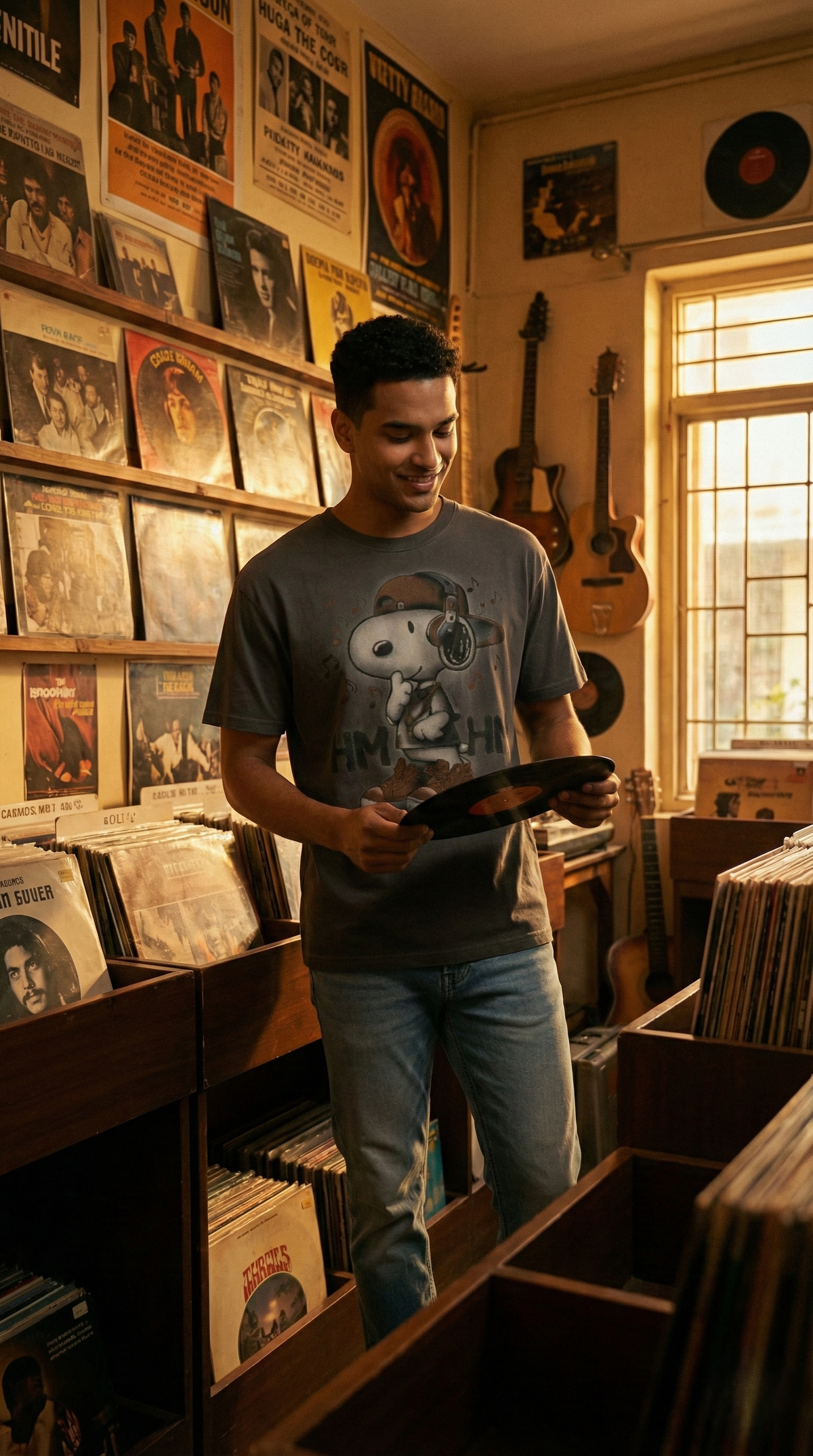Vintage Cartoon Music Graphic Oversized Tee — Grey — view 2