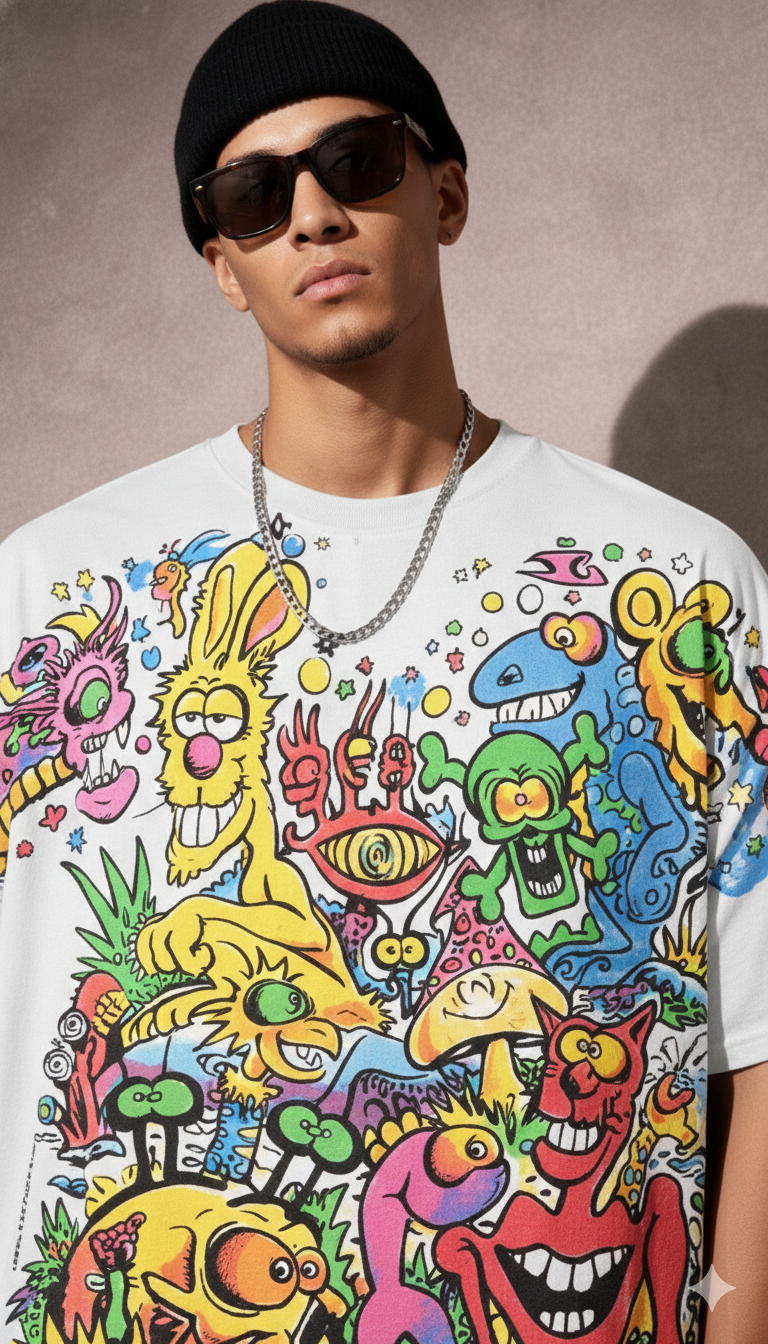 Neon Cartoon Graphic Oversized Tee — White Premium Cotton — view 3