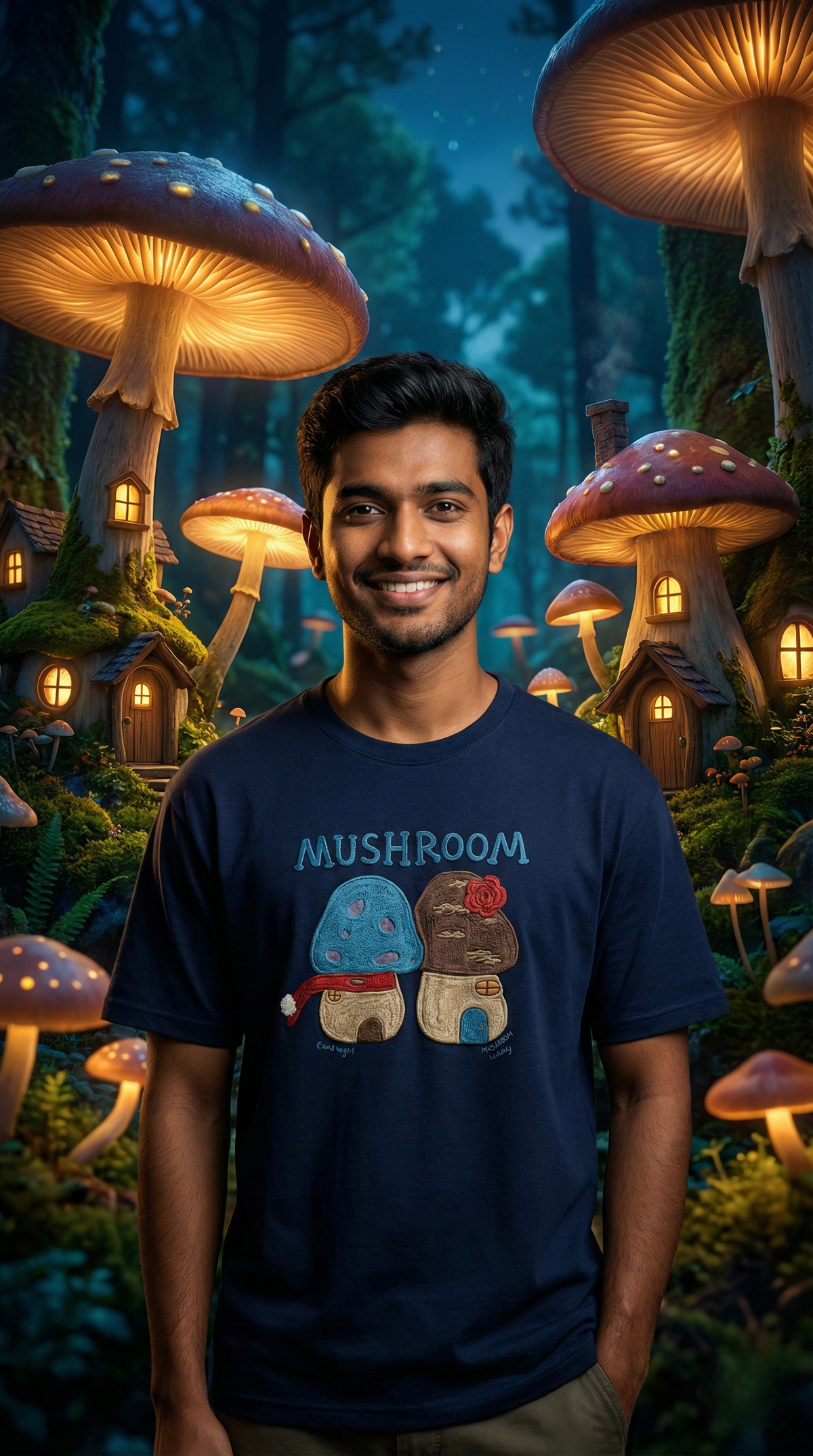 Mushroom Print Oversized Tee — Navy Streetwear Fit — view 2