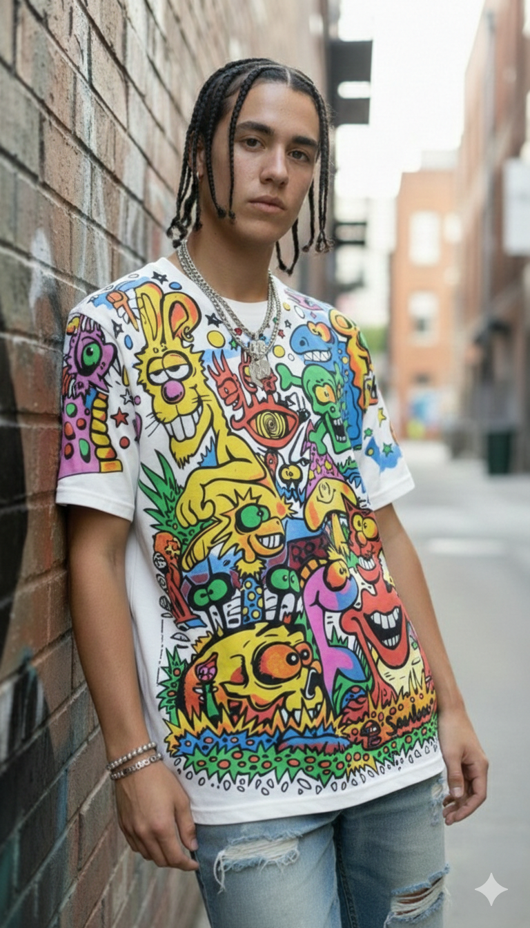 Neon Cartoon Graphic Oversized Tee — White Premium Cotton — view 4
