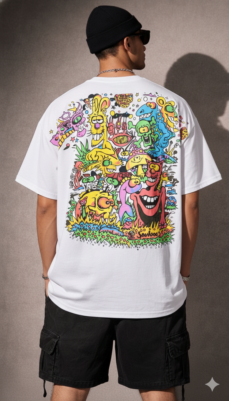 Neon Cartoon Graphic Oversized Tee — White Premium Cotton — view 5