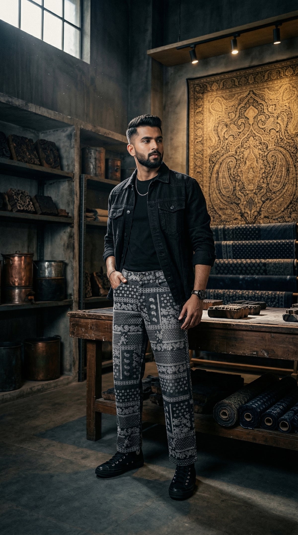 Paisley Patchwork Baggy Jeans — Black Wide Leg Denim — view 2