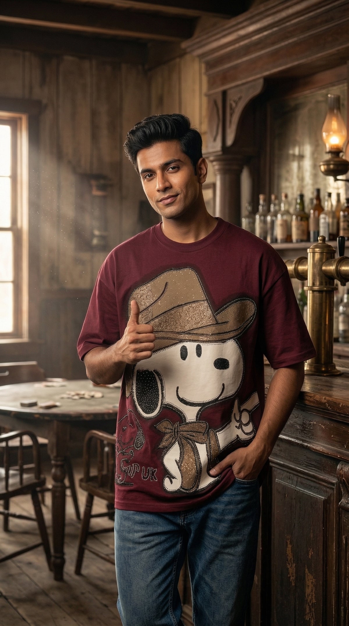 Wild West Buddy Oversized Tee — Maroon Bio-Washed Cotton — view 2