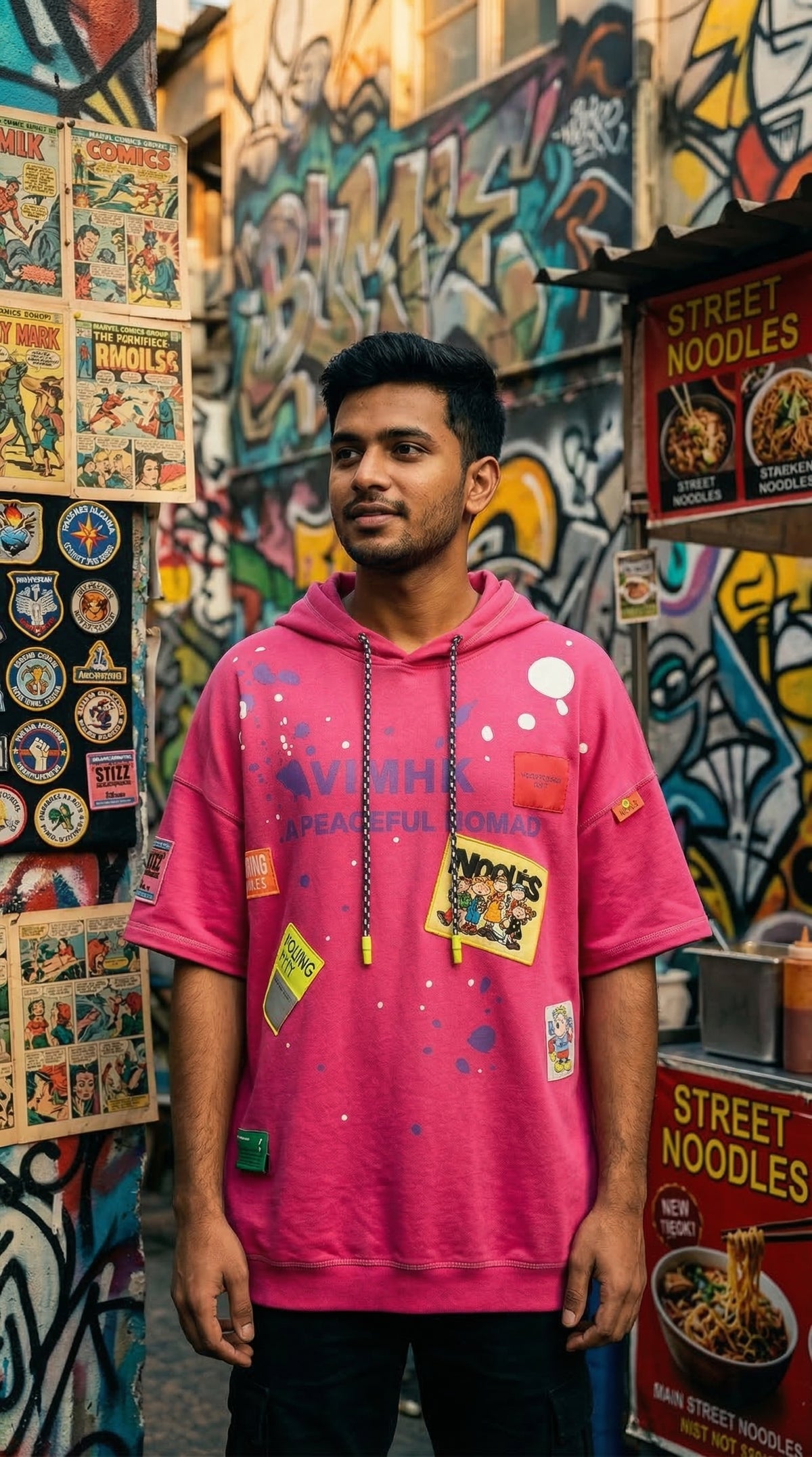 Nomad Oversized Tee-Hoodie — Pink Cotton Short-Sleeve Fit — view 2