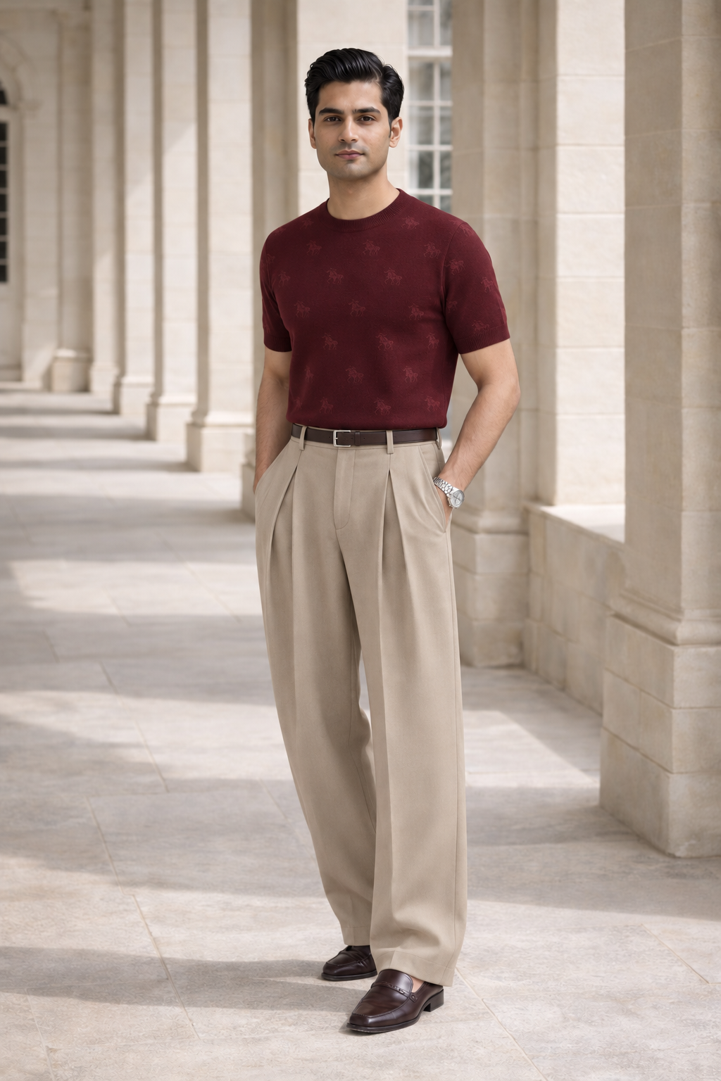 SANKI Maroon Relaxed Fit Casuals T-shirt for Men