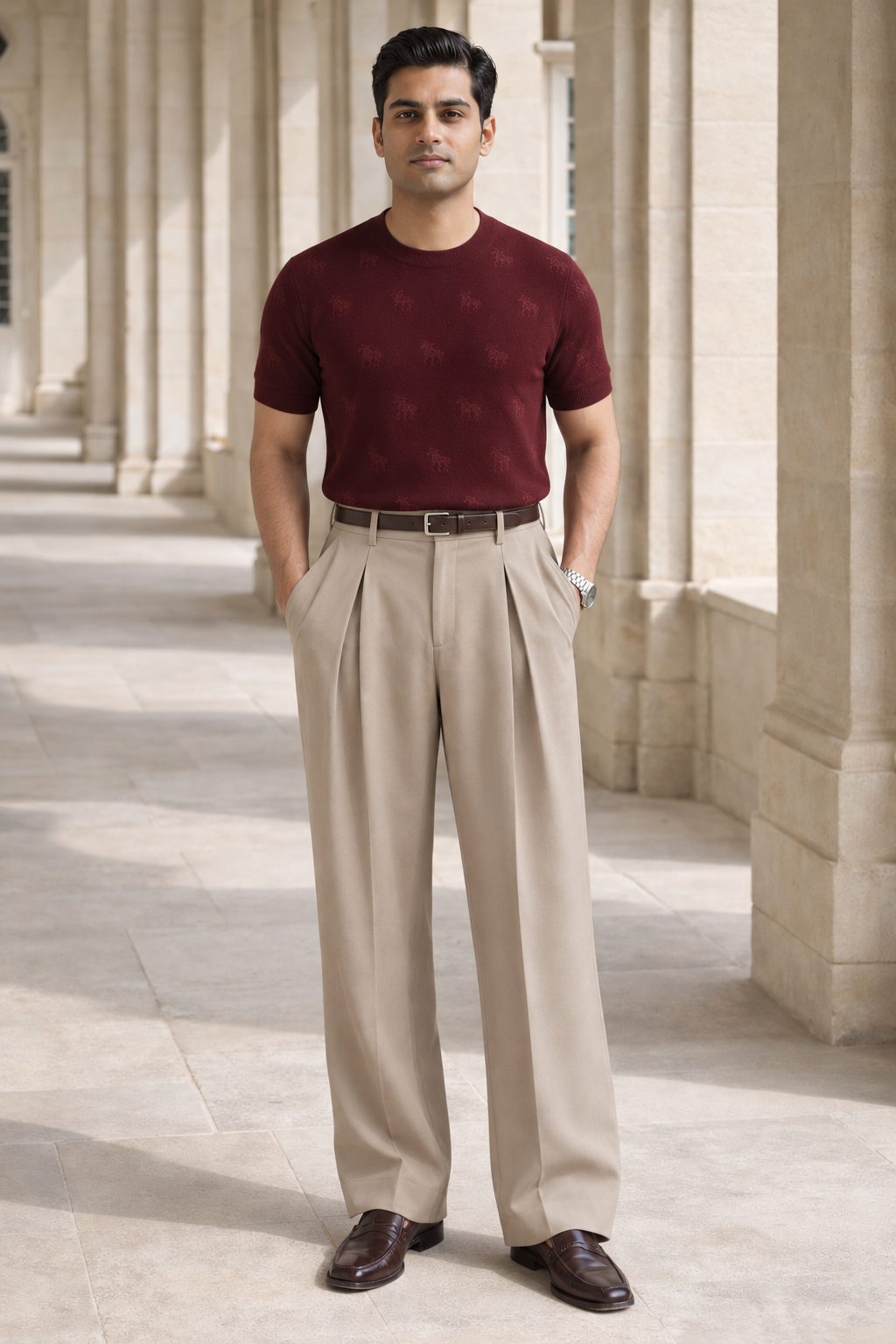 SANKI Maroon Relaxed Fit Casuals T-shirt for Men