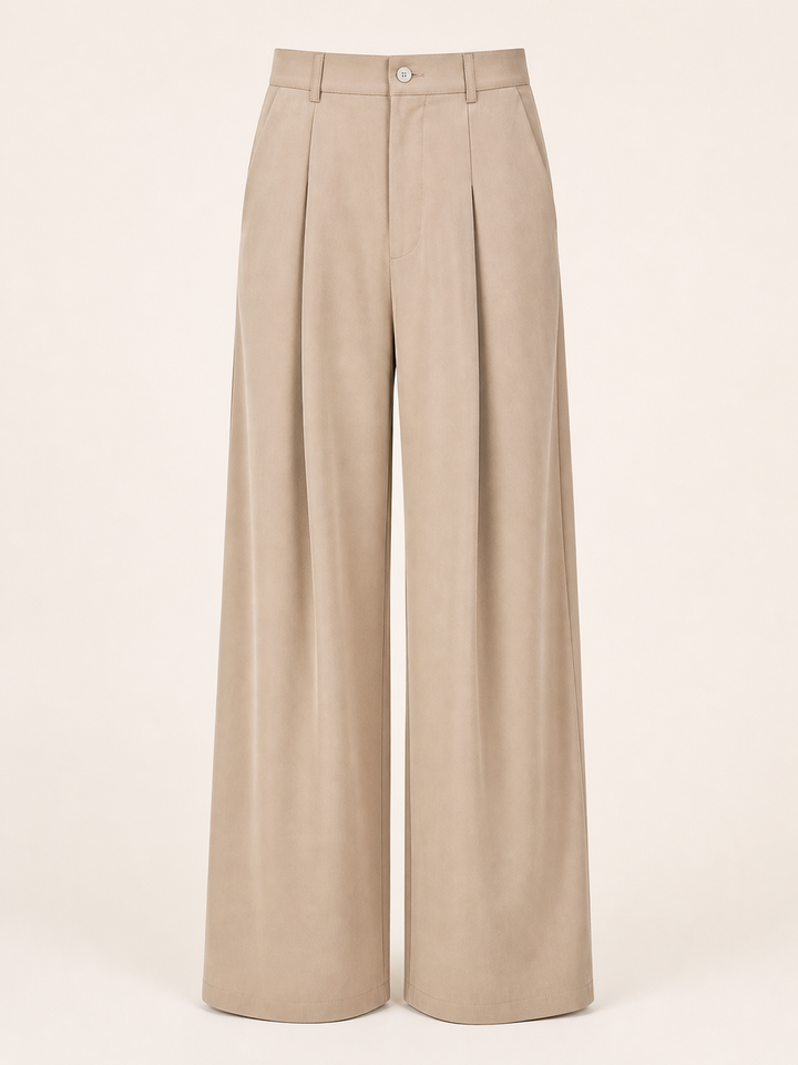 Wide Pleat Trousers — Baggy Fit, Khaki