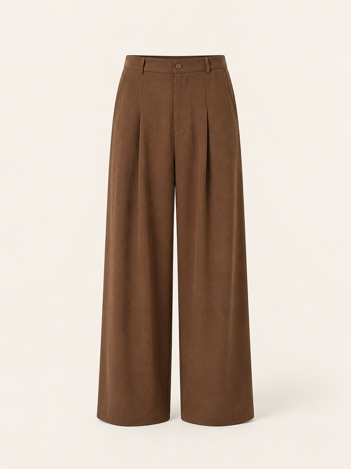 Wide Pleat Trousers — Baggy Fit, Brown