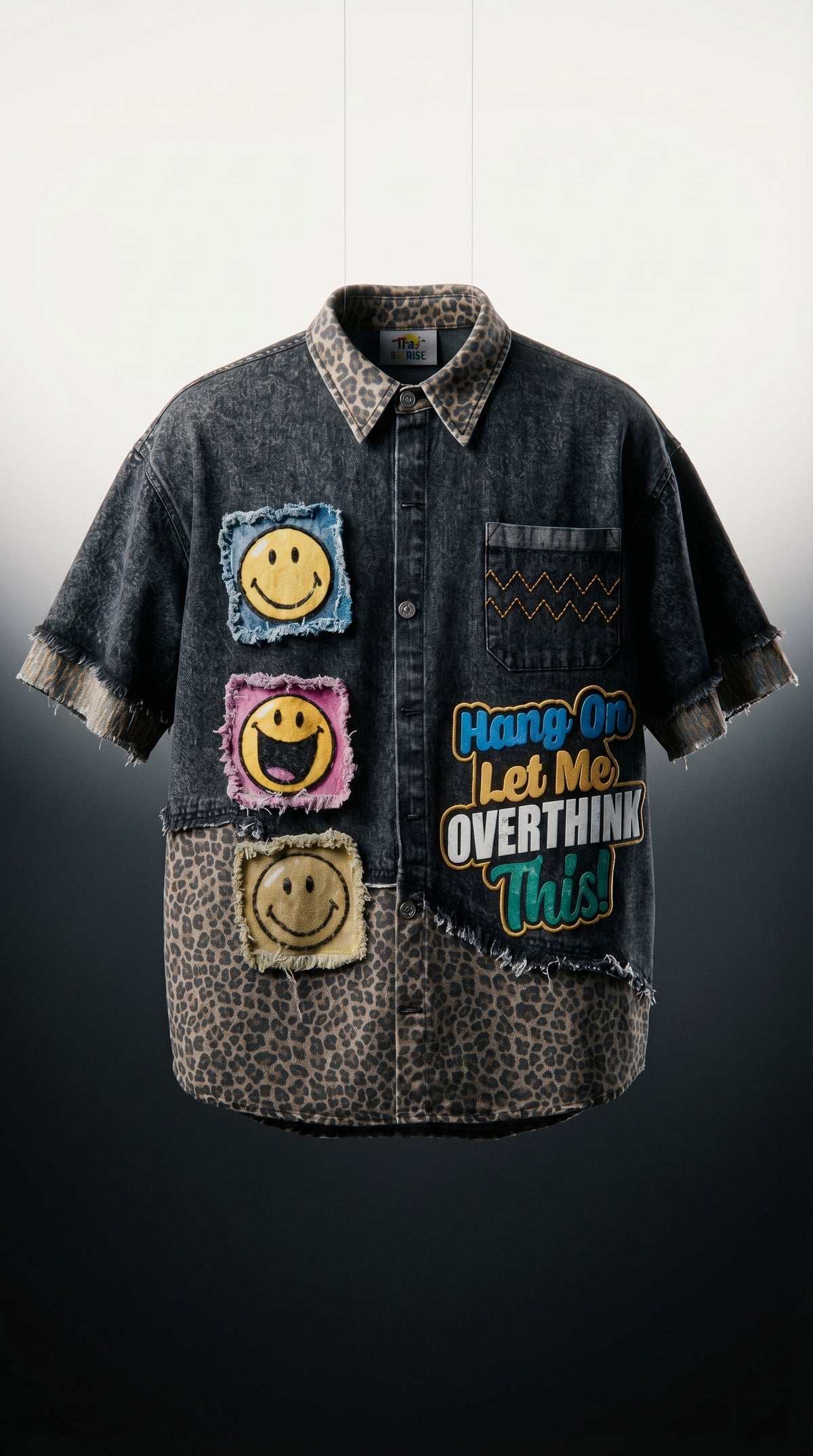 Smile Patches Oversized Shirt — Black Camp Collar — view 2