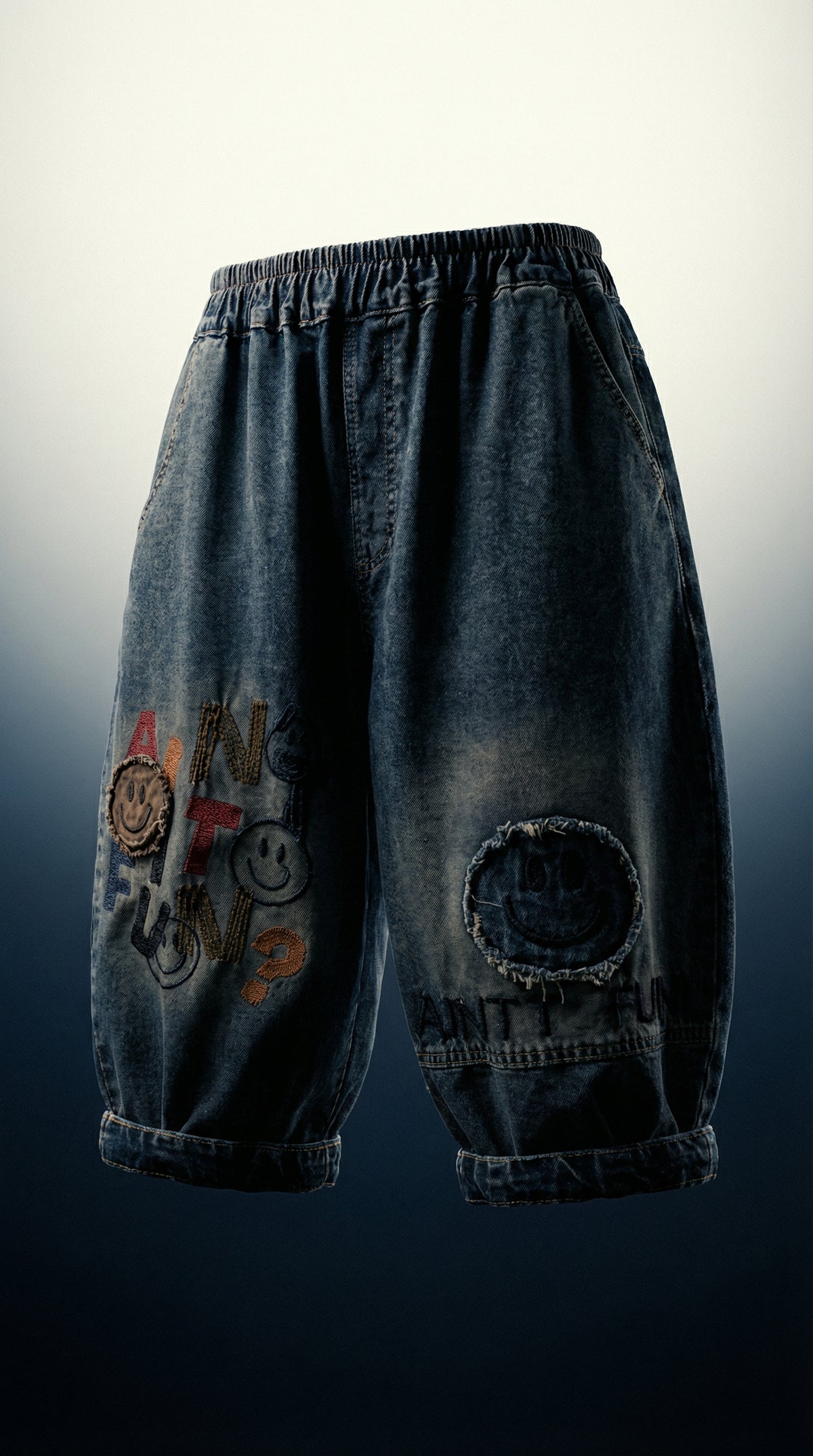 Patchwork Cartoon Smiley Shorts — Grey Denim Panel — view 4