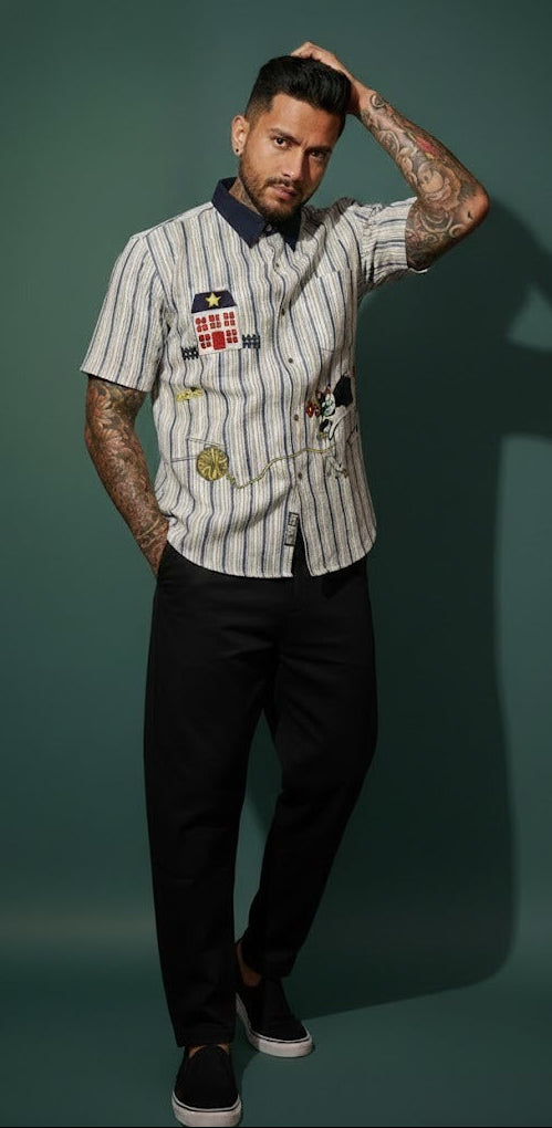 Urban Patch Stripe Shirt — Relaxed Fit Brown — view 8