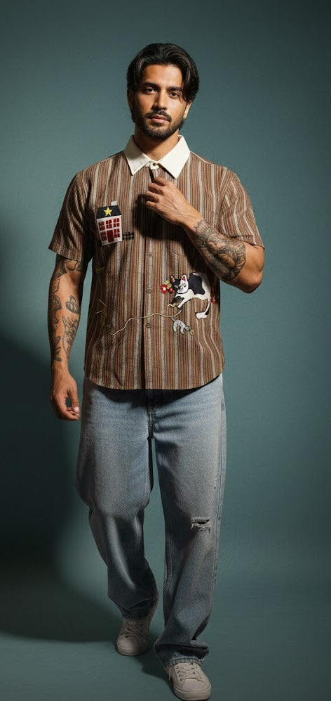 Urban Patch Stripe Shirt — Relaxed Fit Brown — view 2