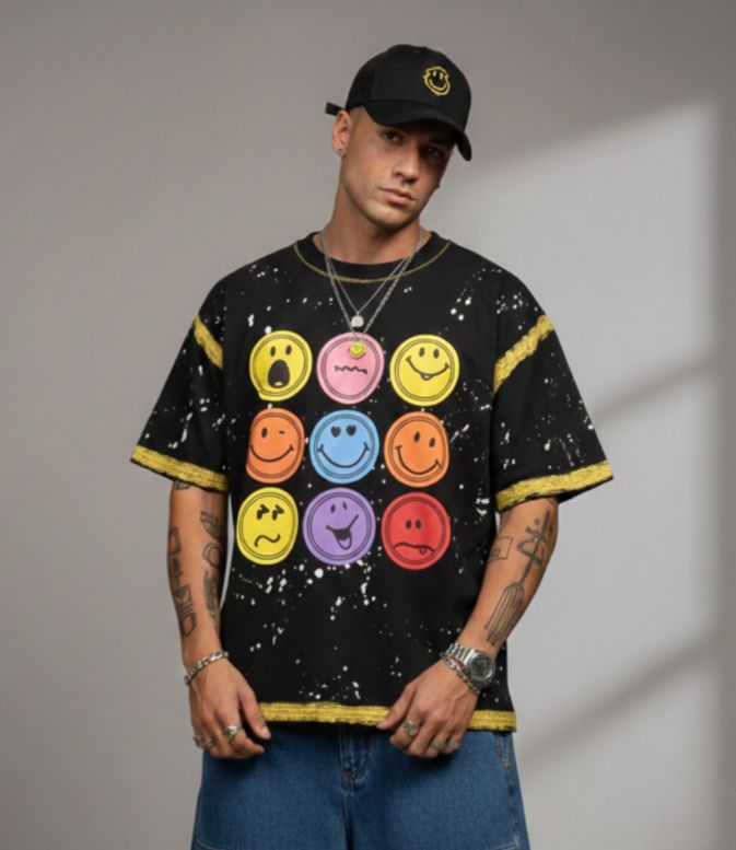 Smiley Face Oversized Tee — Black Premium Cotton — view 2