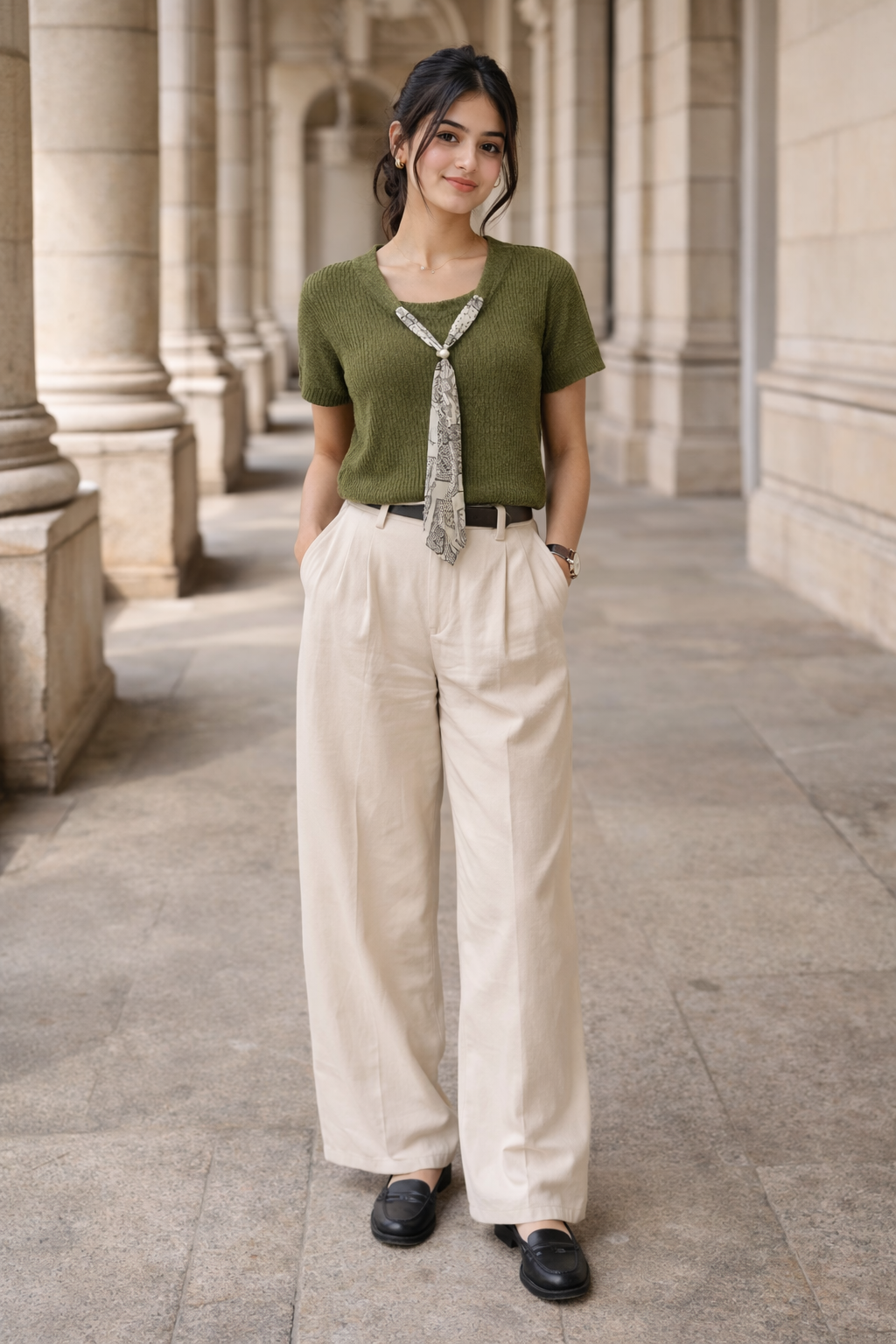 Green knit top with short sleeves and round neckline, featuring a grey and white printed scarf tied at the front worn by a woman