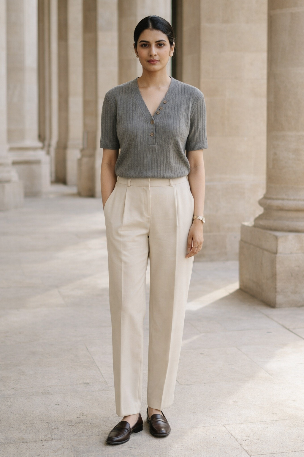 Grey women's knit top with ribbed texture, V-neckline and four button fastening down front, short sleeves