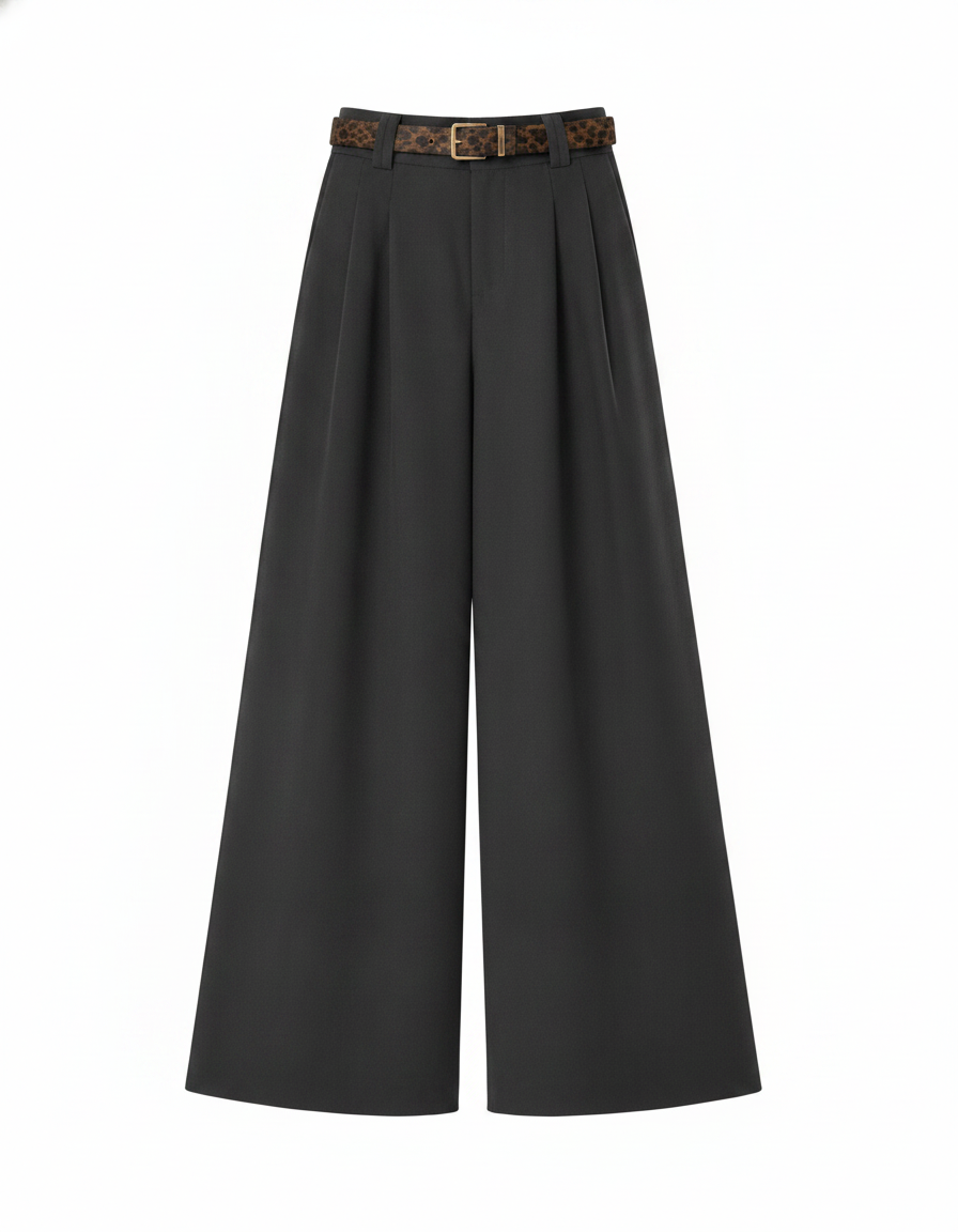Grey women's baggy fit wide-leg trousers with pleats and leopard print belt