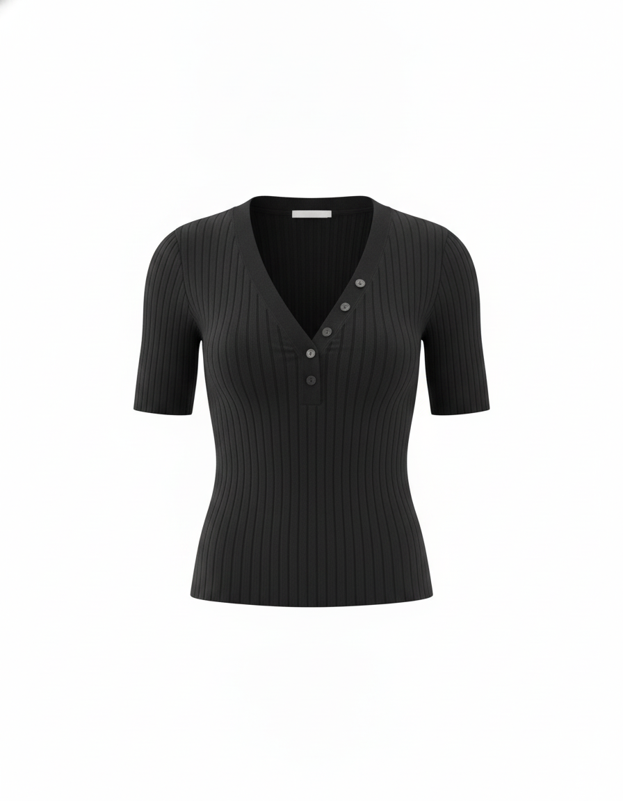 Black ribbed knit top with V-neck and button trim by SANKI for women