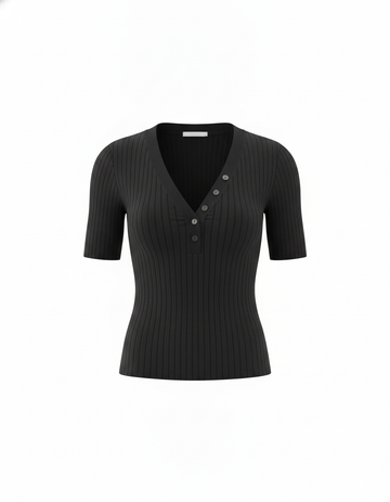 SANKI Black Regular Fit Ribbed Knit With V-Neck And Buttons Top for Women