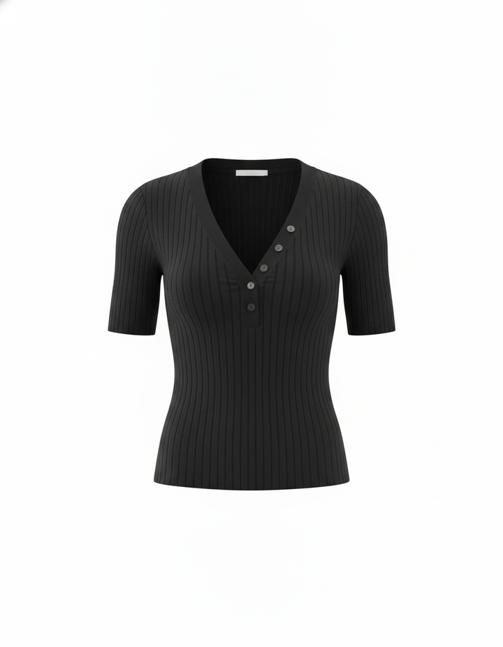 SANKI Black Regular Fit Ribbed Knit With V-Neck And Buttons Top for Women