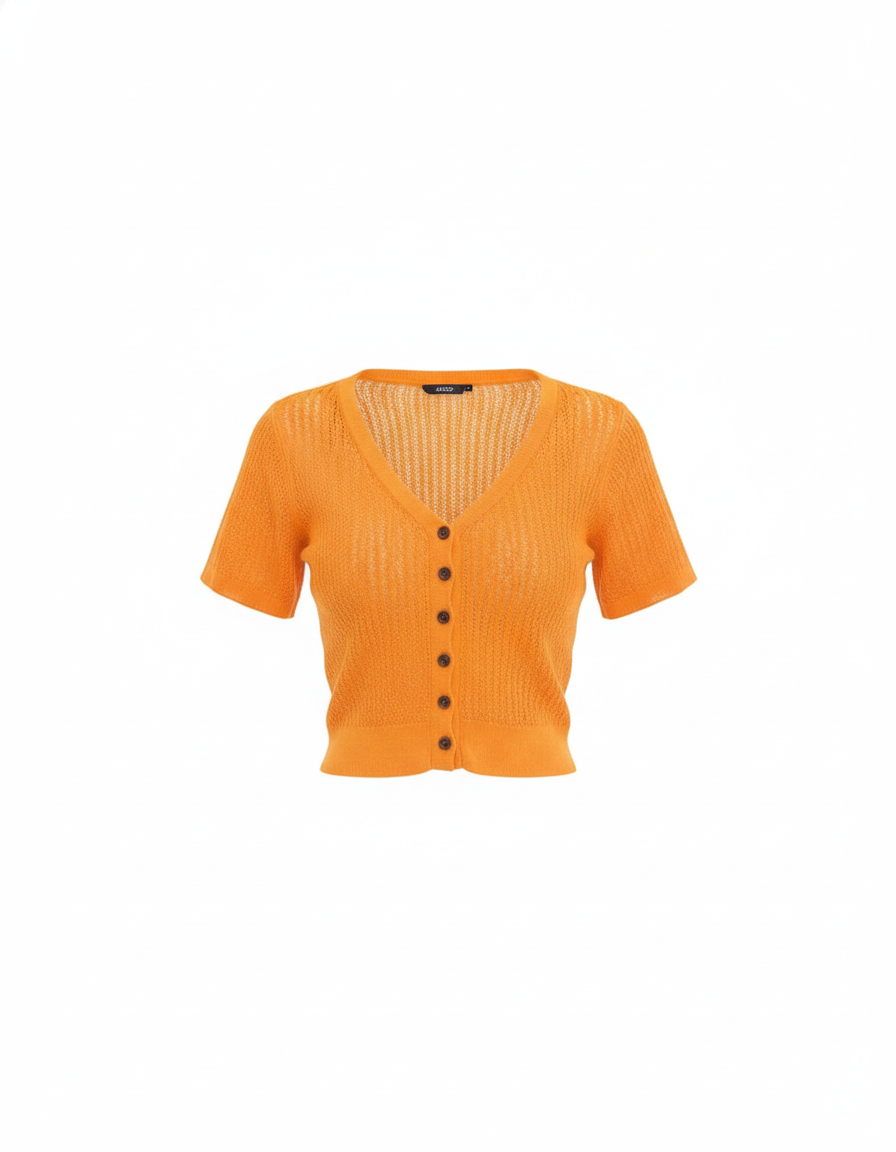 Orange women's knit top with V-neck, button front, short sleeves and oversized fit