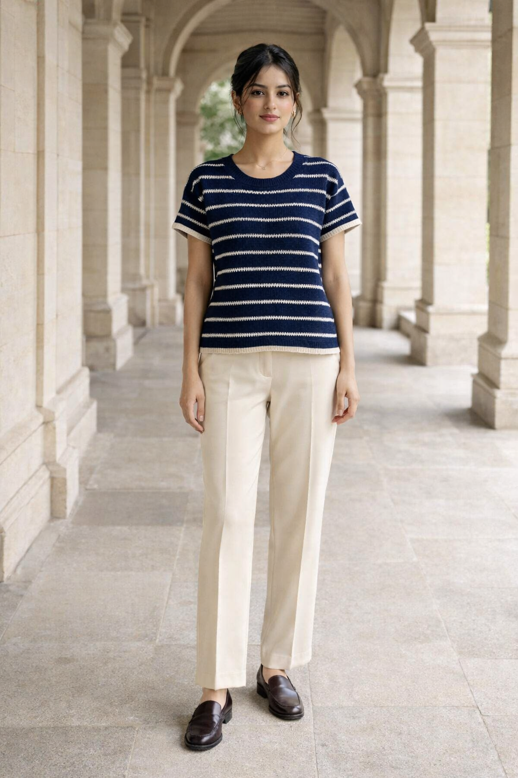 Women's oversized blue navy crew-neck top with white horizontal stripes, ribbed white trim on sleeve cuffs and hem