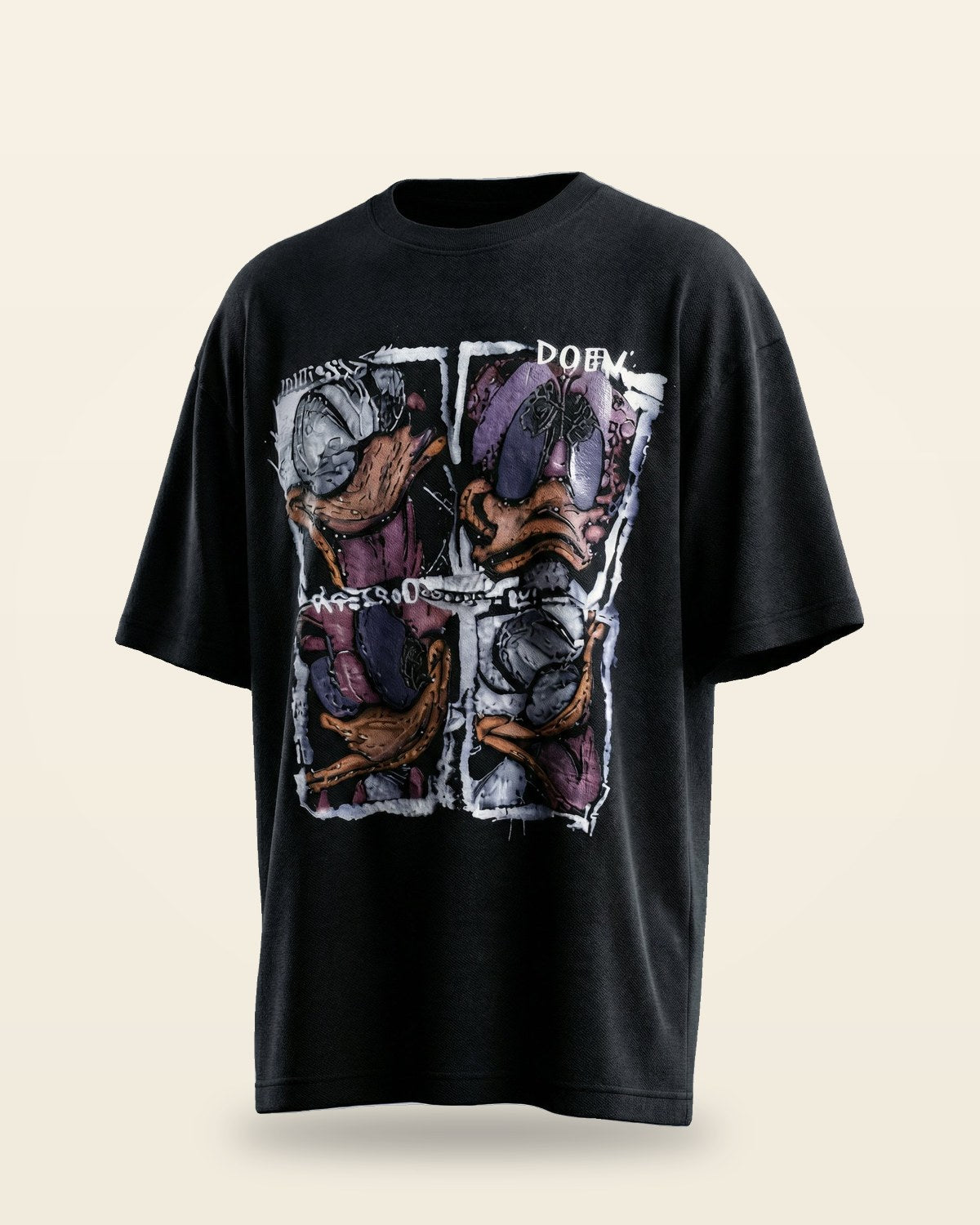 Abstract Cartoon Oversized Tee — Black Relaxed Fit