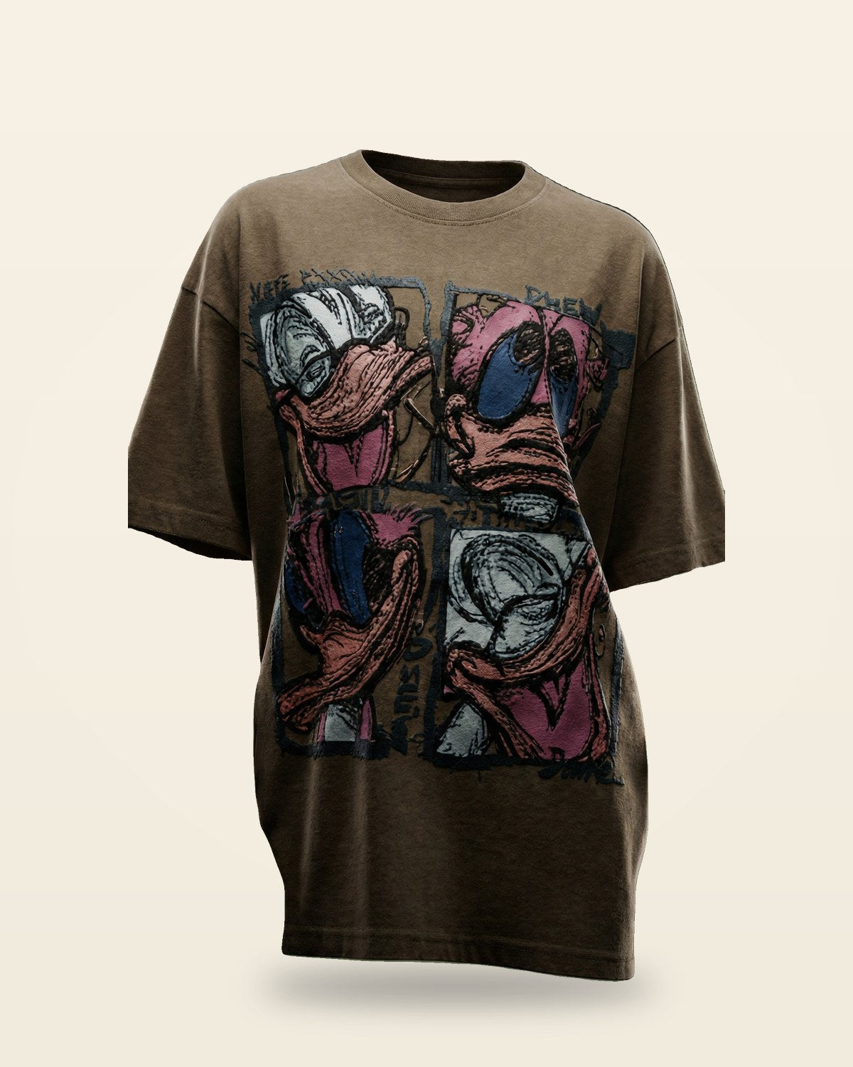 Abstract Cartoon Oversized Tee — Brown Premium Fit