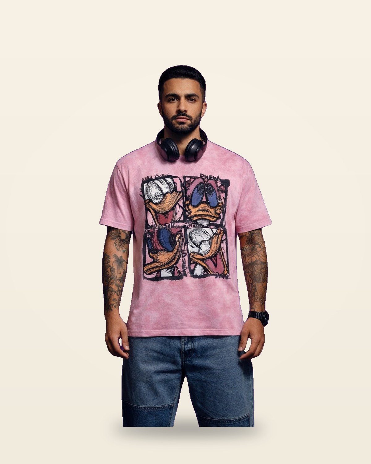 Abstract Cartoon Oversized Tee — Pink Bio-Washed Fit
