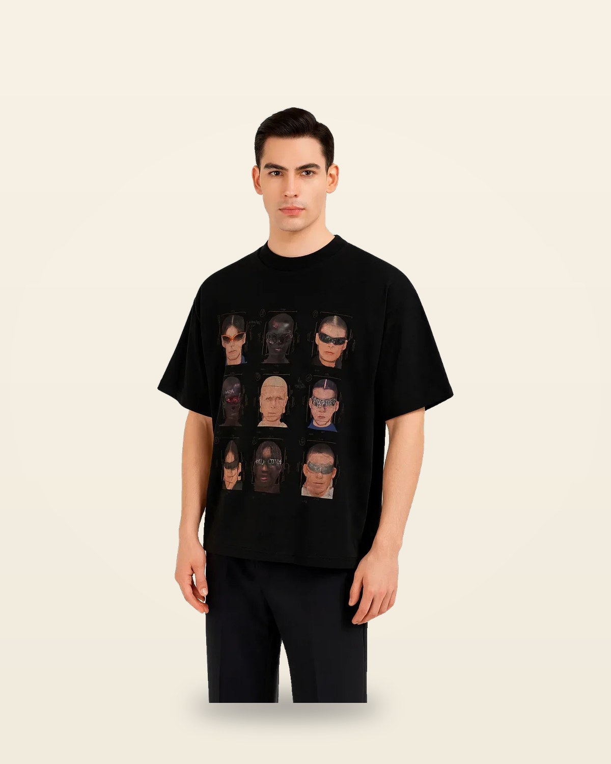 Abstract Portrait Panel Tee — Oversized Black Cotton Fit