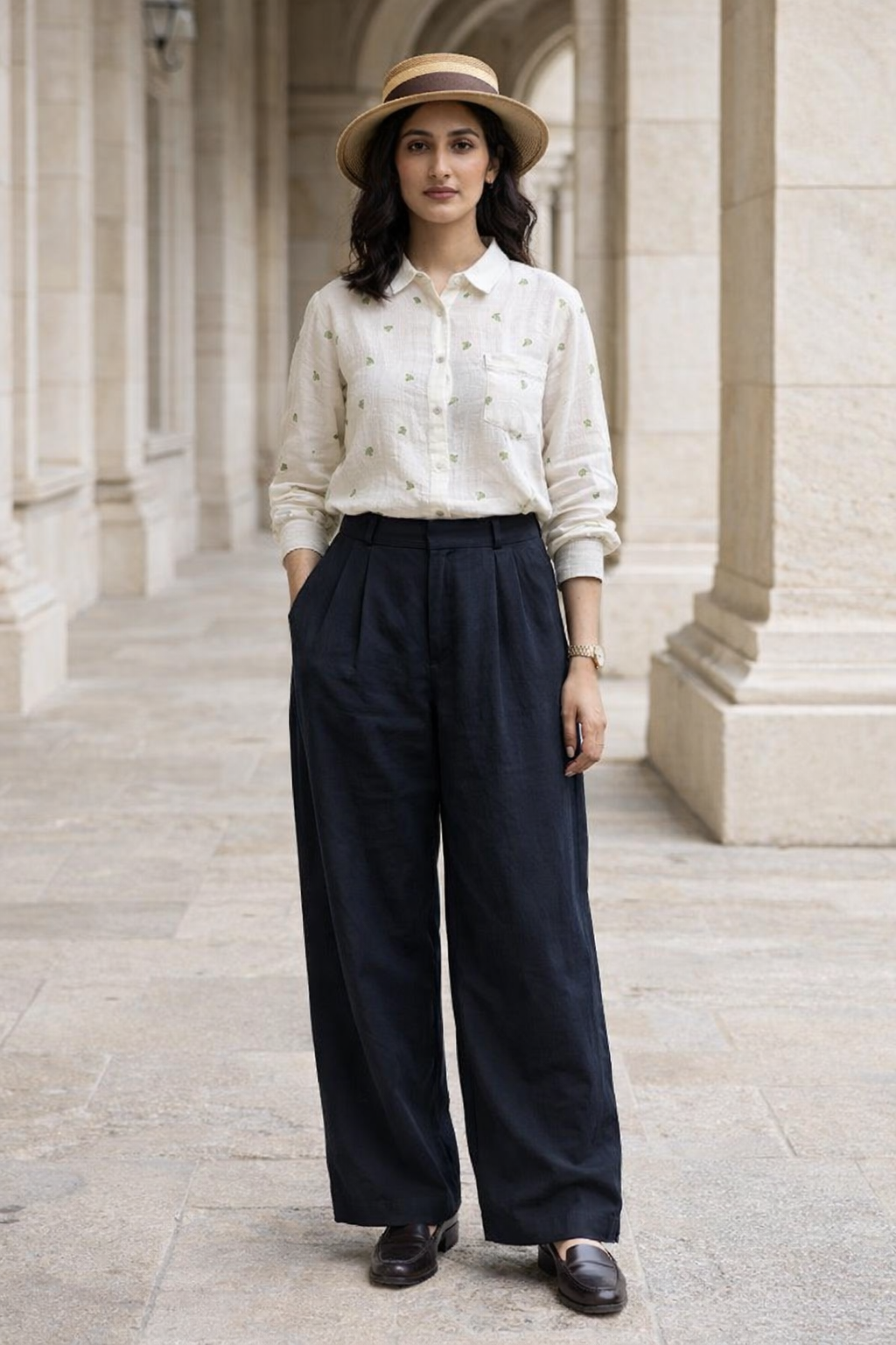 White women’s long sleeve shirt with collar and button placket, featuring subtle green leaf print all over and single chest pocket