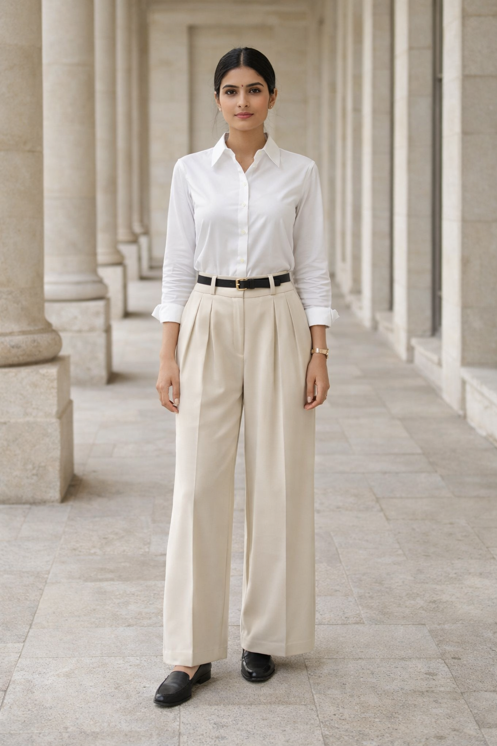 Front view of women's beige baggy fit trousers with pleated front and black belt on white background