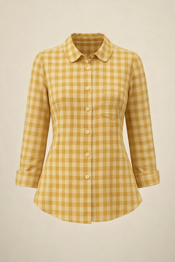 SANKI Yellow Regular Fit Checked Button-down With Peter Pan Collar Shirt for Women