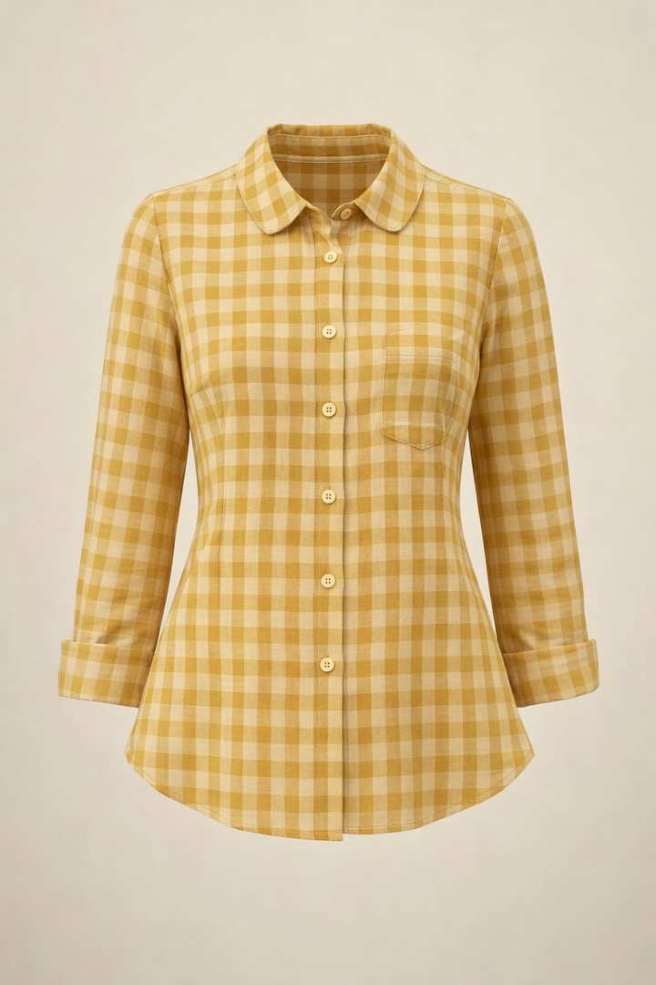 SANKI Yellow Regular Fit Checked Button-down With Peter Pan Collar Shirt for Women