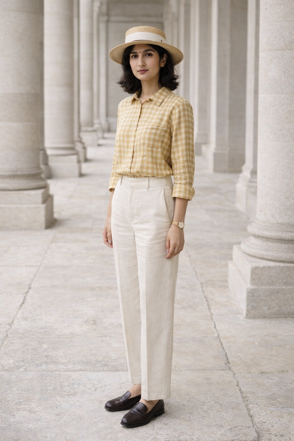 Yellow women's gingham shirt with button details, classic collar, and long sleeves