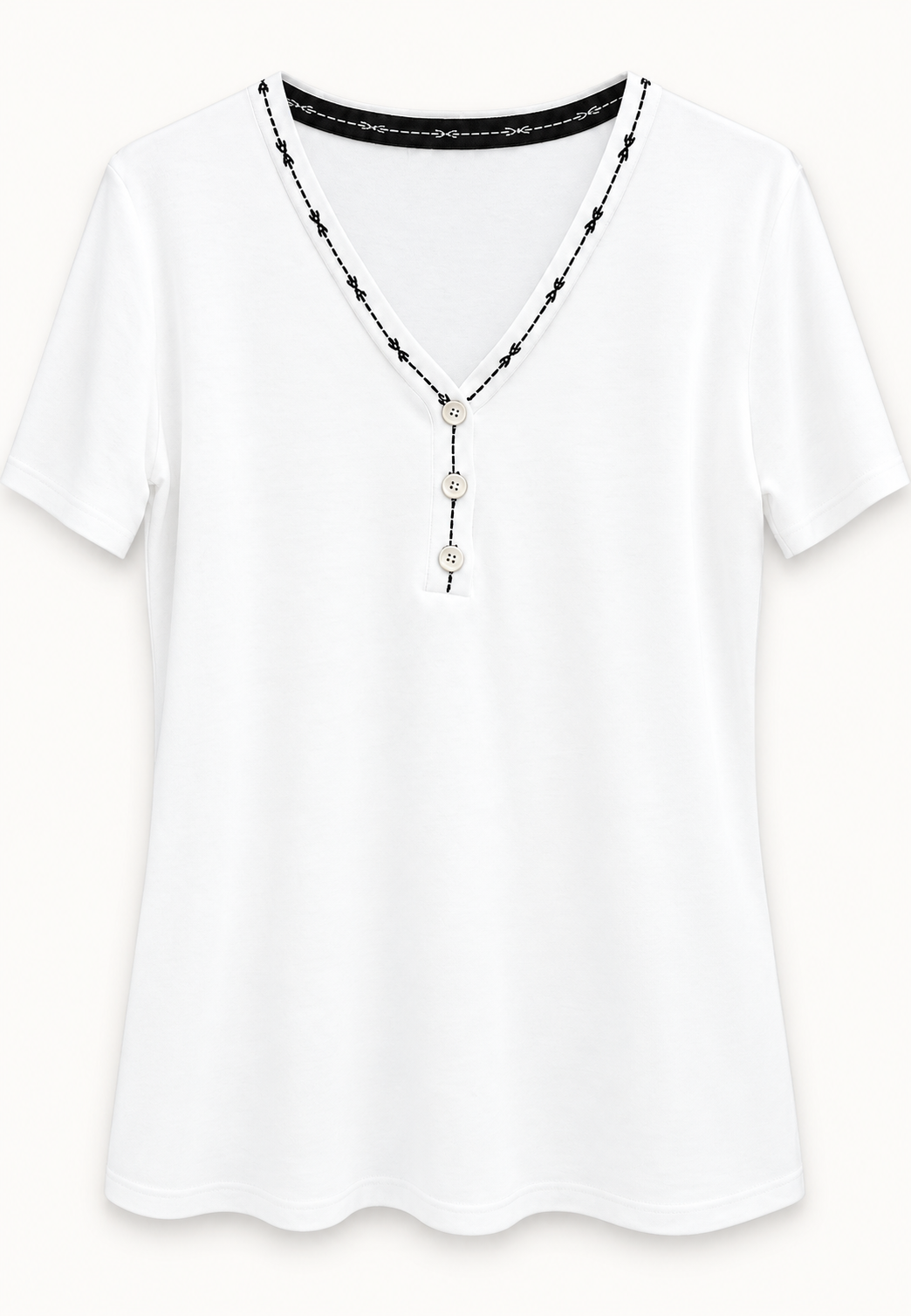 White women's short-sleeve top with V-neckline, three white buttons down front placket, and black stitched trim along neckline and placket