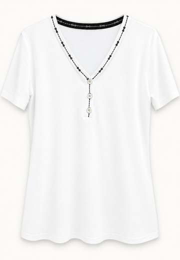SANKI White V-Neck Button-Detail And Stitch Trim Top for Women