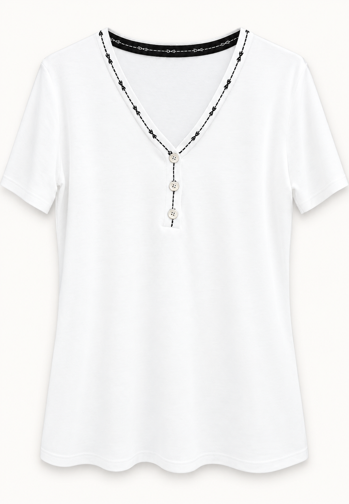 SANKI White V-Neck Button-Detail And Stitch Trim Top for Women